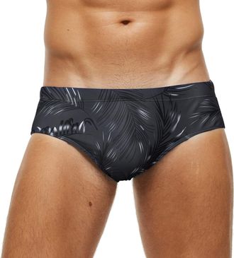 Feoya Mens Swimming Briefs with Pouch Sexy Low Rise Swim Briefs Summer Bikini Bottoms Printed Swimming Costume Leaf Print Swimwear Micro Swimming Trunks Bea