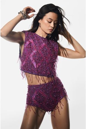 NASTY GAL Embellished Tassel Beaded Booty Shorts in Magenta Pink at Nordstrom, Size 12