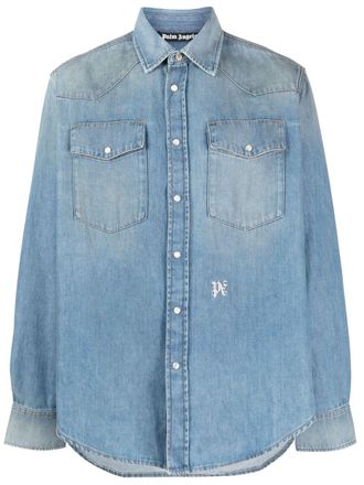 Palm Angels Camicia denim con ricamo monogramma - Blu
