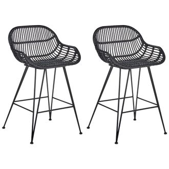 Beliani Conjunto De 2 Sillas De Bar Boho De Rat&aacute;n Comedor Cocina Patas De Hierro Negro Terrell