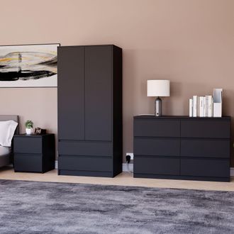 Home Discount Vida Designs Denver Bedroom Set (2 Dr Bedside, 6 Dr Chest, Wardrobe) in Black