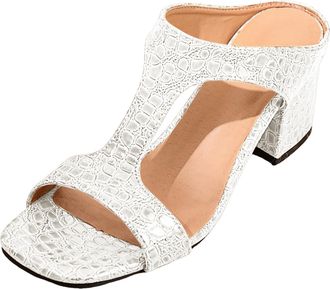 Generic Womens Classic Open Toe Mid Heel Shoes T-Strap Chunky Heel Sandals Dressy Casual Summer Sandals for Women Party Non Slip Rubber Outsole Slippers (Whit