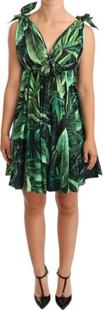 Dolce & Gabbana Green Leaves Print Cotton Flared Mini Womens Dress