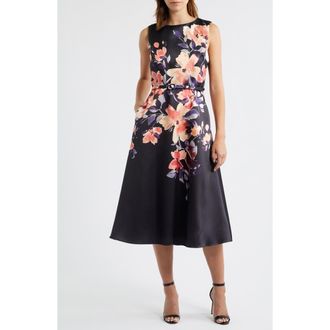 Julia Jordan Placed Floral Cocktail Midi Dress in Black Multi at Nordstrom Rack, Size 10