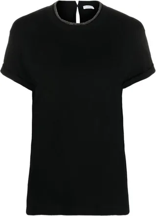 Brunello Cucinelli Zwart Messing-Verfraaide Crew-Neck T-shirt - Dames - T-shirts - Zwart - M - Katoen - Tops