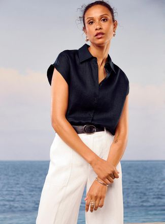 Contemporaine Womens Pure linen cap-sleeve shirt