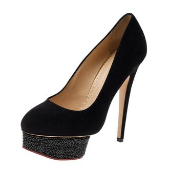 Charlotte Olympia Black Suede Crystal Embellished Dolly Platform Pumps