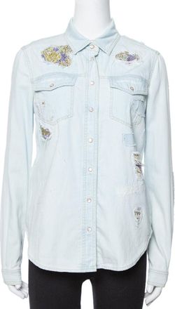 Roberto Cavalli Light Blue Distressed Denim Patch Detail Shirt