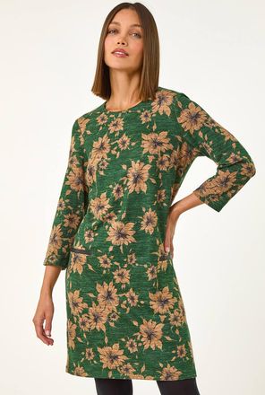 Roman Floral Pocket Trim Stretch Shift Dress