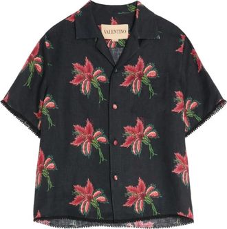 Valentino Linnen Bowling Shirt met Papier Floral Print - Heren - Korte mouwen Overhemden - Veelkleurig - XL - Linnen - Overhemden