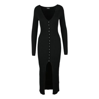 Dondup Lange geribbelde jurk met knoopdetails - Dames - Kleedjes - Zwart - L - Polyester - Kleedjes