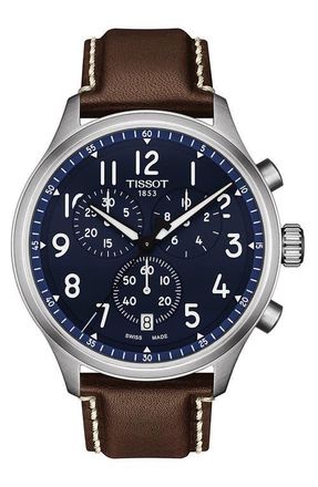 Tissot Chrono XL Chronograph Leather Strap Watch, 45mm in Blue at Nordstrom