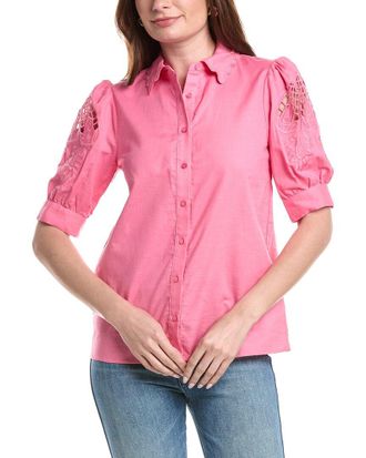 T Tahari Embroidered Sleeve Linen-Blend Blouse
