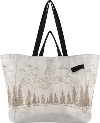 Generic Mountain Pine Trees Beige pattern Reusable Canvas Tote Bag, Heavy Duty Grocery Shopping Bag with Hard Bottom Large Capacity Double Handles Work Grocer