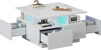 STILVORA Mesa De Centro Cubo Con 4 Cajones Y Led Con Control Por App, Blanco Brillo, En Tablero De Part&iacute;culas, 70&times;70&times;40 Cm