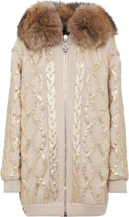 Philipp Plein Wool & Foil Lurex Zip Cardigan - Dames - Lange truien - Beige - S - Wol - Truien & Vesten