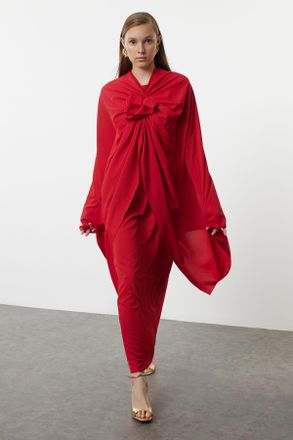 Trendyol Modest Dames Rood Effen Maxi Lang Stijlvol/Avond Recht Modest Avond Jurken