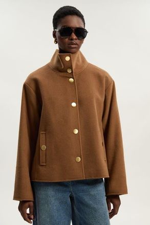 Karen Millen Brushed Wool Funnel Neck Tailored Coat in Camel at Nordstrom, Size 10