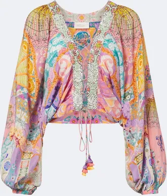 Camilla Embellished lace-up silk blouse