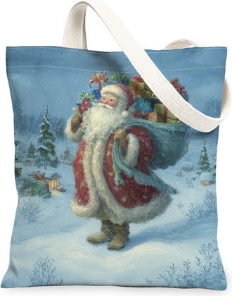 Generic Winter Santa Canvas Tote Bags, Classic Holiday Design Reusable Shopping Bags, Lightweight Washable Shoulder Strap Canvas Fo, Blue, 13x15 Inch