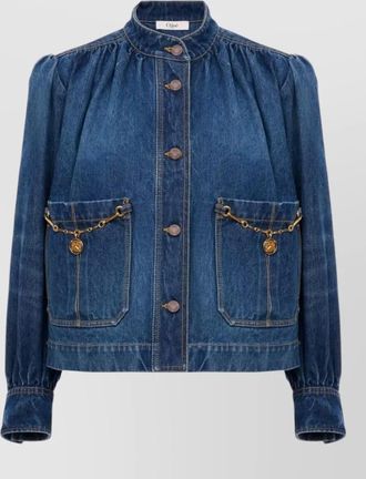 Chlo&eacute; denim high neck gathered cropped jacket