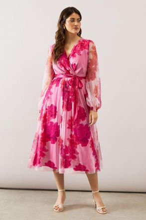 Wallis Womens Floral Mesh Satin Tie Midi Dress - Pink - Size 18 UK