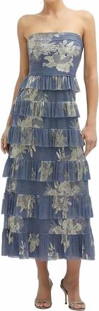 Dessy After Six Sophia Midi Dress In French Blue Gold Foiil