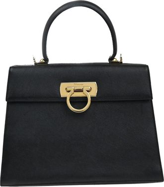 Ferragamo Convertible Top Handle Bag Leather Black Leather Handbag (Pre-Owned)