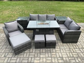 Fimous Garden Patio Furniture Wicker Rattan Gas Fire Pit Table & Sofa Chair set with 2 Side Tables 3 Footstool in Dark Grey