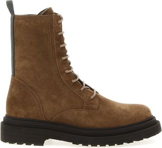 Brunello Cucinelli Suede Combat Boots Monile Stivali E Stivaletti Marrone-Donna