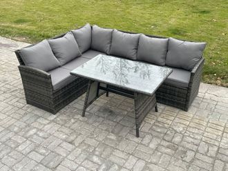 Fimous Wicker Rattan Garden Furniture Corner Sofa Set with Oblong Dining Table 6 Seater Outdoor Rattan Set in Dark Grey