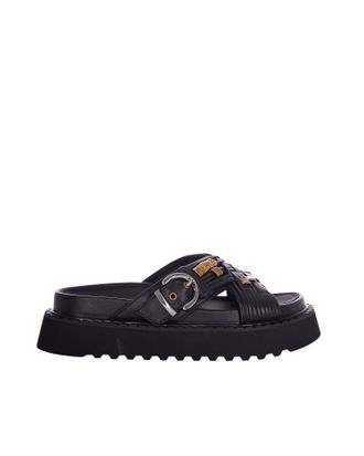 Pinko Woven Black Eco-Leather Sandals With Metallic Accents