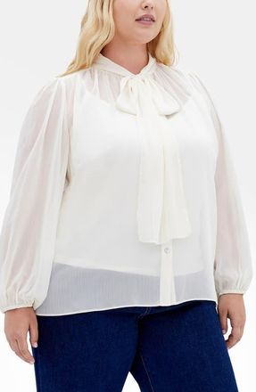 City Chic Seline Tie Neck Chiffon Shirt in Cream at Nordstrom, Size Xxs