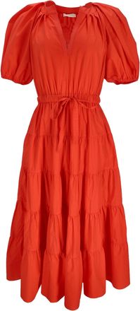 Ulla Johnson Olina Midi Tiered Dress in Coral Cotton