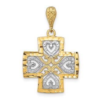 Diamond2Deal 14k Yellow Gold Rhodium Diamond-Cut Heart Cross Charm