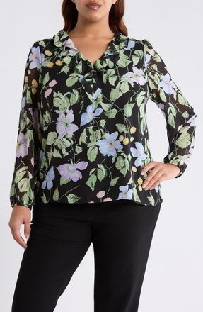 Kasper Floral Print Ruffle Shirt in Black Multi at Nordstrom, Size 3 X