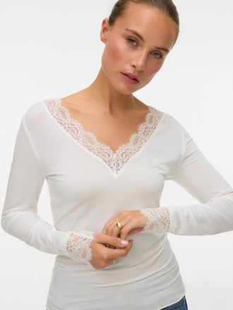 Vero Moda Langarmshirt VERO MODA VMSKYE LS V-NECK LACE TOP JRS NOOS, Damen, Gr. XL, weiss (snow wei&szlig;), Jersey, Obermaterial: 86% Modal, 8% Wolle, 6% Elasthan, u
