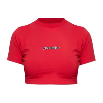 VETEMENTS T-Shirts, female, Red, Size: XS Cropped T-shirt with print