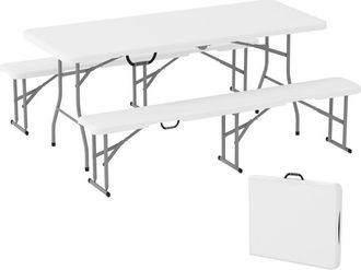 OUTSUNNY 3 Piece Folding Picnic Table and Bench Set with Handles, White