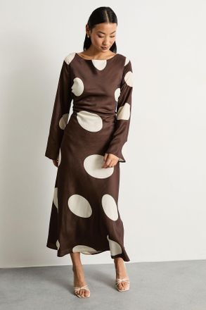 Warehouse Womens Petite Polka Dot Scoop Back Long Sleeve Maxi Dress - Brown - Size 6 UK