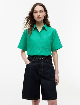 Tommy Hilfiger Womens Short-Sleeve Linen-Blend Shirt - Green - XS