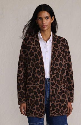 Lands End Fuzzy Jacquard Cardigan Jacket Sweater in Dark Clay Animal Spots at Nordstrom, Size X-Small/small