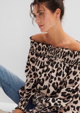 Bonprix Longbluse BONPRIX, Damen, Gr. 36, beige (kreidebeige, braun leo bedruckt), Obermaterial: 100% Polyester, oversize, Blusen Longbluse, Oversize-Passform