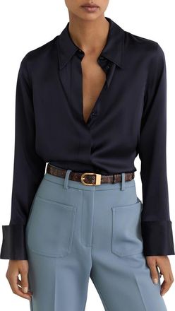 Reiss Ameira Silk Satin Button-Up Shirt in Navy at Nordstrom, Size 2 Us