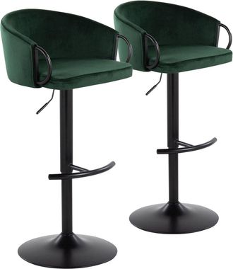 Claire Contemporary Adjustable Barstool with Swivel in Black Metal and Green Velvet with Rounded T Footrest - Set of 2