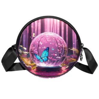 Generic Circle Crossbody Bag for Women, Butterfly Crystal Ball Small Sling Bag Daypack with Zipper Adjustable Shoulder Straps Casual Ladies Girls Round Purse