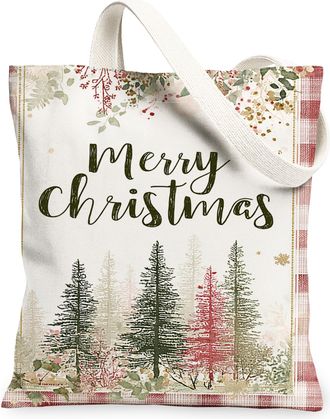 Generic Christmas Trees Canvas Tote Bags, Nature Pattern Reusable Grocery Bags, Vintage Lightweight Washable Shoulder Strap Canvas, White, 13x15 Inch