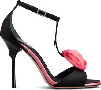 Roger Vivier Rose Vivier Satin T-Strap Sandal in Nero/Geranio at Nordstrom, Size 8.5Us