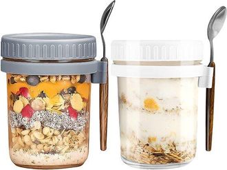 OEM Tarros De Cristal Para Avena Nocturna Con Tapa Y Cuchara, 283,5 G, Con Marcas De Medici&oacute;n, Cereales De Desayuno Y Fruta (blanco Y Gris)