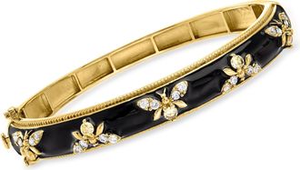 Ross-Simons White Topaz and Black Enamel Bumblebee Bangle Bracelet in 18kt Gold Over Sterling